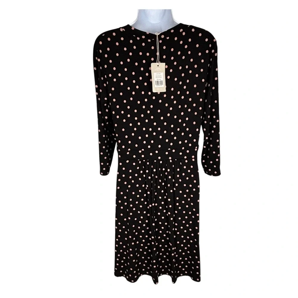 NWT Boden Black Pink Polka Dot Knit Dress‎ 3/4 Sleeve Fit Flare